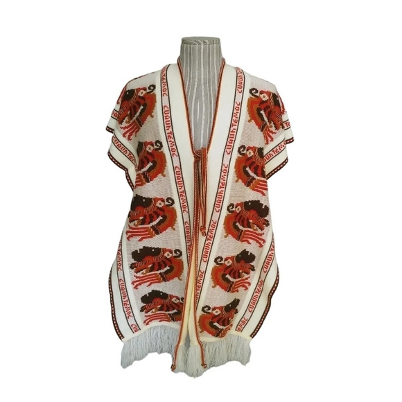 Vintage Intarsia Knit Cuauhtemoc Aztec  Fringed Poncho Beige/Orange/Brown - Picture 2 of 9